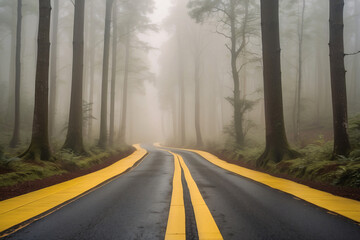 Road in the middle of a foggy forest