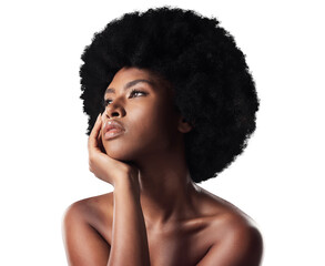 Thinking, afro and black woman with skincare, cosmetics and beauty isolated on transparent...