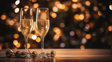 a couple of glasses of champagne in a cozy home, against the backdrop of garland lights