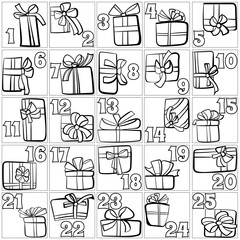 Simple outline advent calendar with dates and gifts, holiday activity coloring page for Christmas
