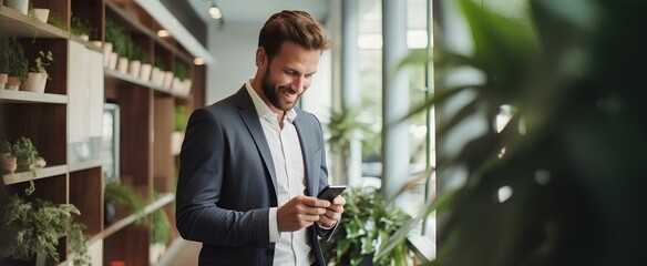 handsome businessman entrepreneur holding smartphone reading messages on cellphone in office. generative AI
