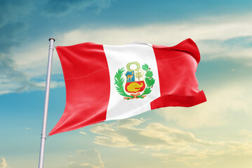 Naklejka na ściany i meble Peru national flag waving in beautiful sky. The symbol of the state on wavy silk fabric.