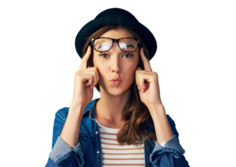 Glasses, smile and woman portrait with hipster, gen z and modern fashion with silly pout. Comedy, happy and face of female person with funny joke and model isolated on a transparent, png background
