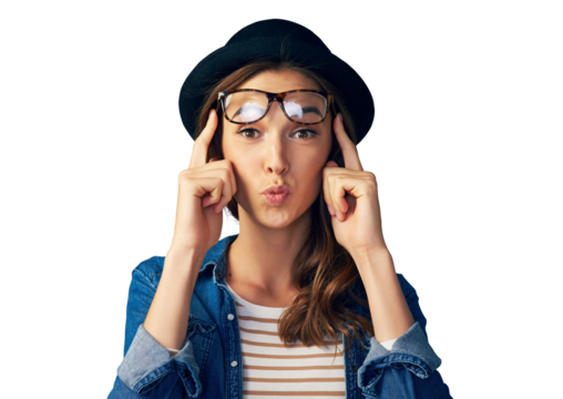 Glasses, smile and woman portrait with hipster, gen z and modern fashion with silly pout. Comedy, happy and face of female person with funny joke and model isolated on a transparent, png background