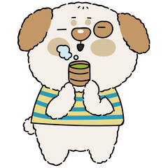 Dog character drinking green tea illustration