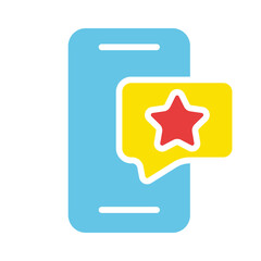 Review. Speech bubble with star, phone, smartphone, rating, evaluate, rate, feedback, comment, user, online communication, service, app, estimate. Colorful icon on white background