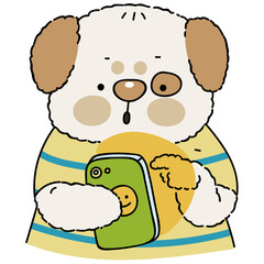 Dog character playing mobile phone illustration