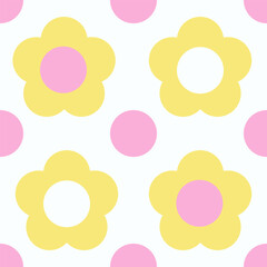 Bright flowers and dots on a white background. Yellow and pink flowers. Flat style. Isolated. Seamless pattern with editable stroke. Background for decor.