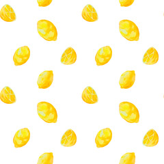 Seamless pattern with yellow lemons. Background with fruit highlighted on a white background. Watercolor pattern with lemons