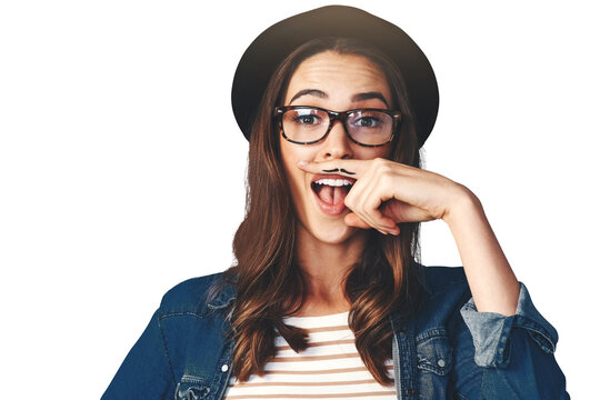 Isolated woman, mustache and hand with portrait, smile and funny in face by transparent png background. Girl, glasses and retro fashion for comic emoji, joke and art on finger for beard with laugh