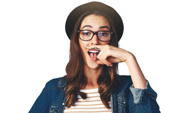 Isolated woman, mustache and hand with portrait, smile and funny in face by transparent png background. Girl, glasses and retro fashion for comic emoji, joke and art on finger for beard with laugh