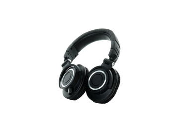 PNG, black, on-ear headphones isolated on white background.