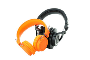 PNG, orange and black, on-ear headphones isolated on white background.