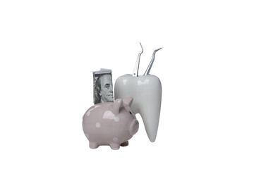 PNG, Tooth with dental instruments and piggy bank with cash, isolated on white background