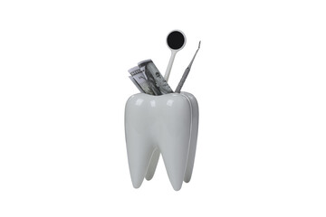 PNG, Decorative tooth with tools and cash, isolated on white background