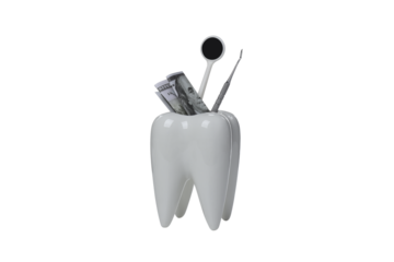 PNG, Decorative tooth with tools and cash, isolated on white background