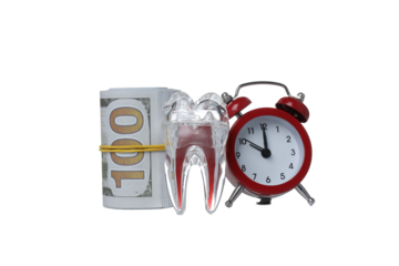 PNG, Tooth, cash and alarm clock, isolated on white background