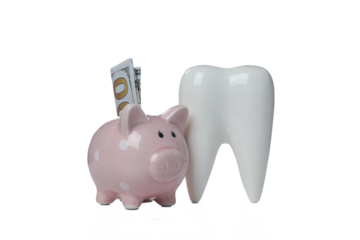 PNG, Tooth and piggy bank with cash money, isolated on white background