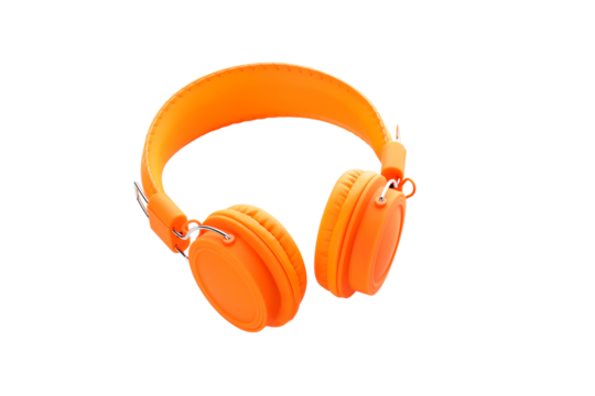 PNG, orange, on-ear headphones isolated on white background.