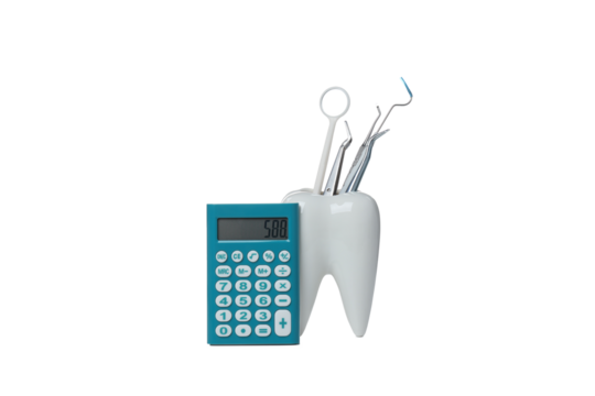 PNG, Tooth with dental instruments and calculator, isolated on white background