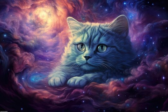 Cosmic background with a fantasy cat composed of swirling galaxies and nebulae.