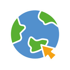 Planet with cursor. Internet, www, world wide web, globe, geography, earth day, save the environment, ecology, eco friendly, research, map, navigation. Colorful icon on white background