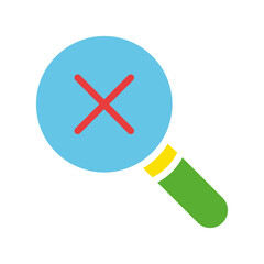 Obraz premium Magnifier with a cross. Study, research, survey, ban, prohibit, deny, delete, negative result, disagree, limited access, science, scientist, student. Colorful icon on white background