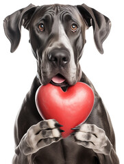 Portrait of a great dane dog holding a heart as a symbol for love isolated on a transparent background