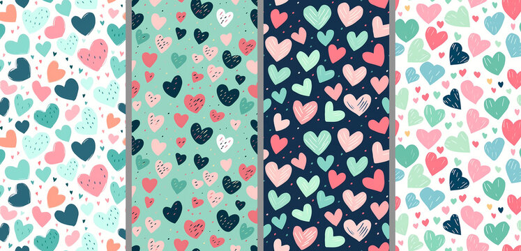 Set of hearts seamless patterns in simple hand drawn style. Valentines Day seamless pattern with hearts in pink, mint, green, red and blue colors. For graphic design, printing, packaging paper, card