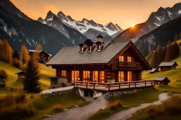 Fototapeta na wymiar Witness the golden hour in the Swiss Alps, the landscape bathed in warm hues as the sun sets behind the peaks, a cozy chalet nestled in the mountains