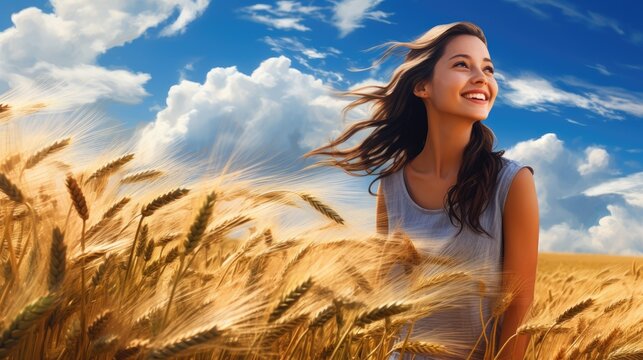 Happy young woman in wheat field over blue sky with white clouds,  ai generative