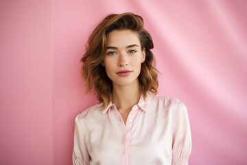 Obraz premium Ethereal Elegance: Young Woman in White Silk Blouse Against Soft Background