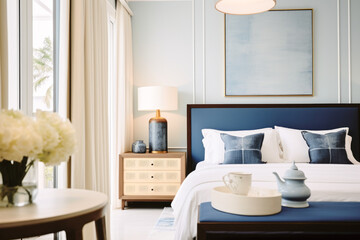 The bedroom has pale blue and white accents.