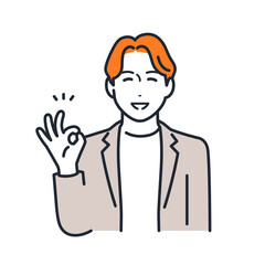 笑顔でOKポーズをするカジュアルスーツを着た若い男性のシンプルなベクターイラスト素材