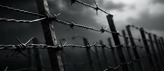 Wire with sharp spikes in a Nazi camp. - obrazy, fototapety, plakaty