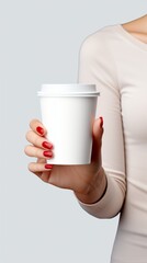 Hand holding plastic glass cup for coffee drink isolated white mockup