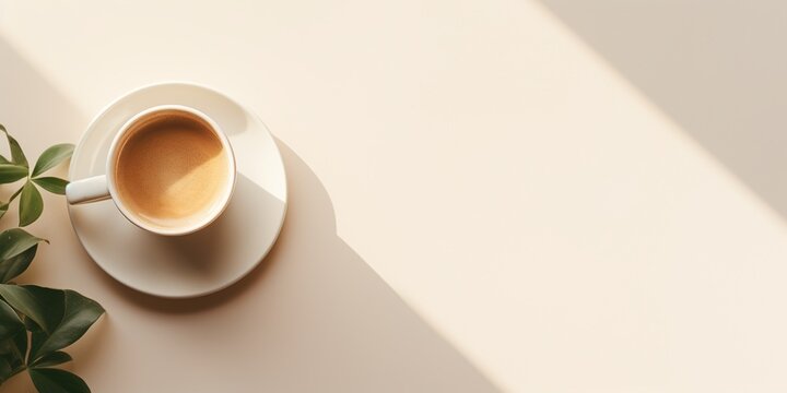 Morning Serenity: Sunlit Room and Coffee Flat Lay with Empty Space