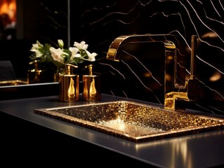 Modern Bathroom Sink in golden Tone. AI Generative