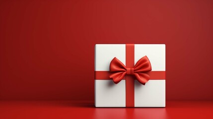 White gift box or top view of white present box tied with red ribbon bow isolated on dark red background with empty space on the left side minimal conceptual. create using a generative AI tool 