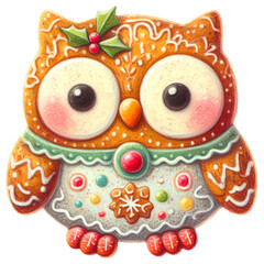 Owl Woodland animals Christmas watercolor Clipart png isolated. Cute Owl woodland animal gingerbread cookies character clipart