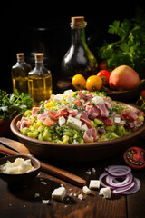 Olivier Salad surrounded by its ingredients on wooden table.