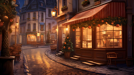 Fototapeta na wymiar Night city with cozy street view, Christmas atmosphere and decorations