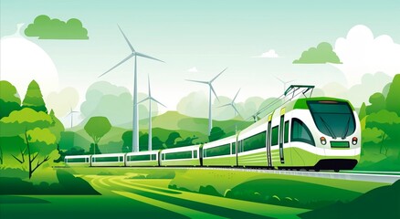 Sustainable transportation concept. Electric  train  passing through fields with wind turbines. Rail transport sustainability, ecology, alternative energy. Horizontal poster or banner 