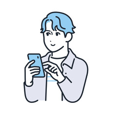 スマートフォンを操作する若い男性のシンプルなベクターイラスト素材