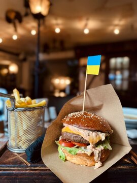 burger with Ukrainian flag