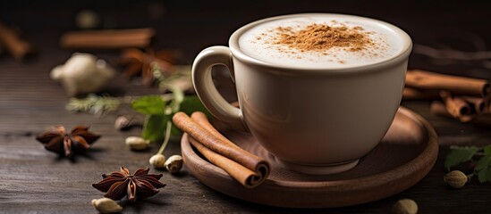 Traditional homemade organic milk tea chai latte, a healthy hot blend with natural spices, perfect for breakfast.