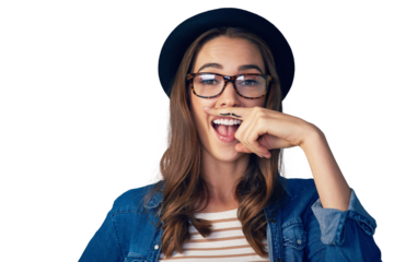 Woman, funny moustache portrait and finger for smile, creative or isolated by transparent png background. Girl, glasses or fashion for comic emoji, joke or art on hand for beard, clothes or laugh