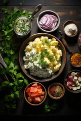Olivier Salad surrounded by its ingredients on wooden table.