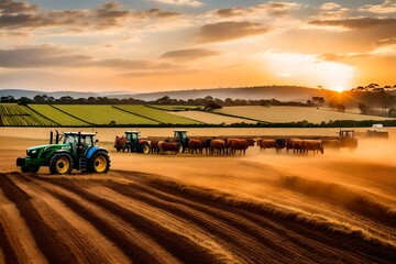 Witness the vitality of an Australian farm on a busy day, farmers tending to crops and livestock, tractors in motion, the air filled with the scent of earth