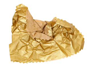 Crumpled, golden packaging paper isolated on white, top view